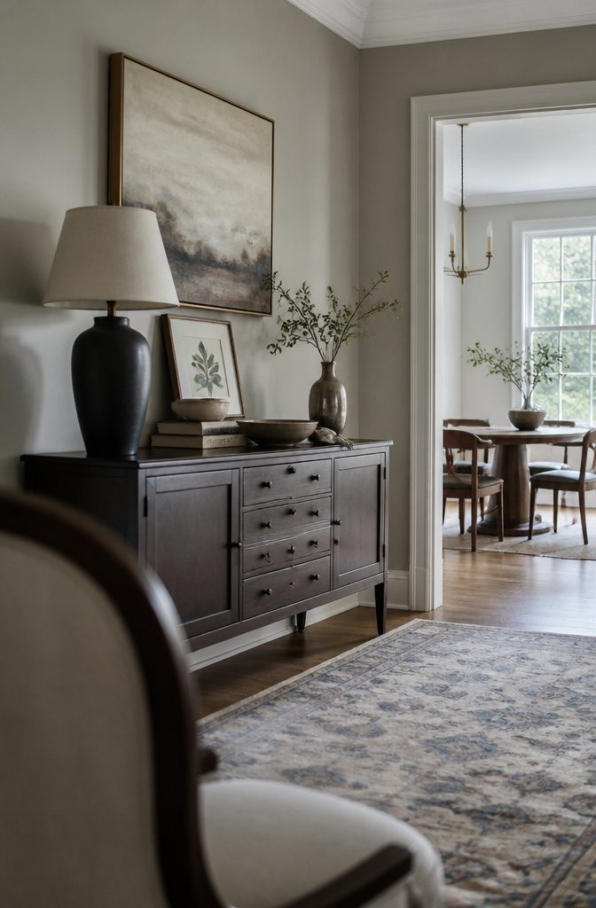 10 Ways to Style a Dining Room Buffet That Looks Considered 3 Buffet display with a tall lamp stacked books and a low bowl