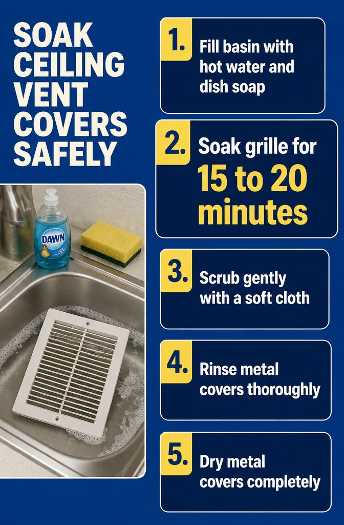 Ceiling vent cover soaking in a basin of soapy water