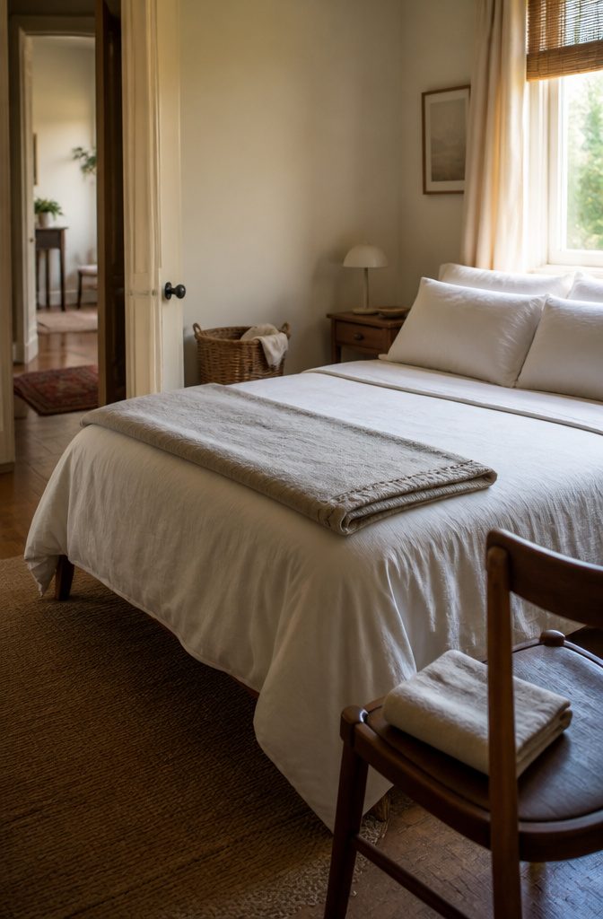How to Keep a Room Clean: 10 Methods That Work 11 Made bed with smooth sheets, matching pillowcases, folded blanket, and bedside lamp