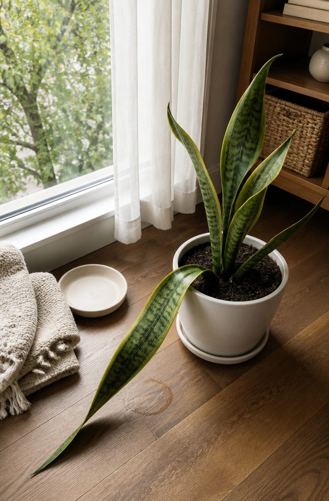 How to Tell if a Snake Plant is Healthy: 8 Steps 5 Snake plant with one drooping leaf resting across the pot and wet soil