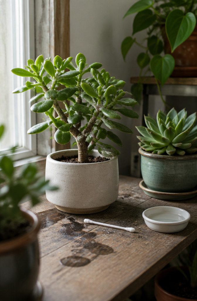 How to Care for a Jade Plant: 8 Steps for Healthy Growth 8 Jade leaves with white mealybug patches near stems and cotton swab nearby