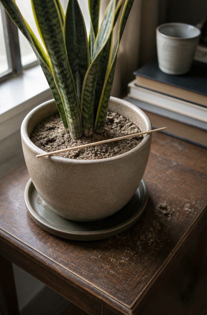 How to Care for a Snake Plant Indoors: 7 Practical Steps 3 Snake plant with pale dry soil and a bamboo skewer across the pot