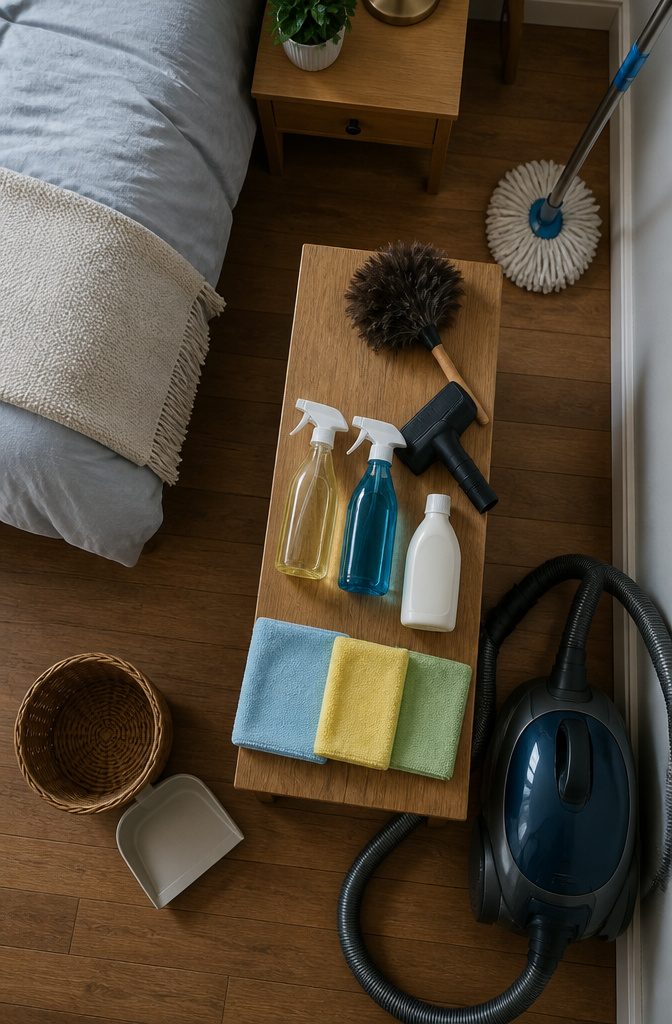 How to Clean Your Room Fast Checklist: 6 Steps in Order 9 Bedroom cleaning products with cloths, glass cleaner, duster and mop