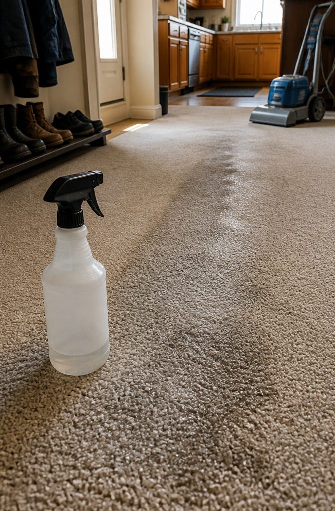 How to Clean Carpet at Home: 7 Steps That Work 13 Carpet pre-treatment being applied to a high-traffic lane before machine cleaning