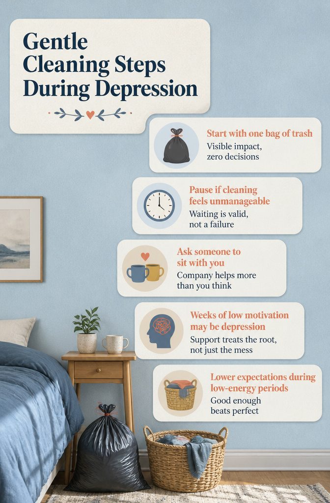How to Be Motivated to Clean Your Room: 19 Methods 21 Cleaning infographic with gentle steps for handling room clutter during depression