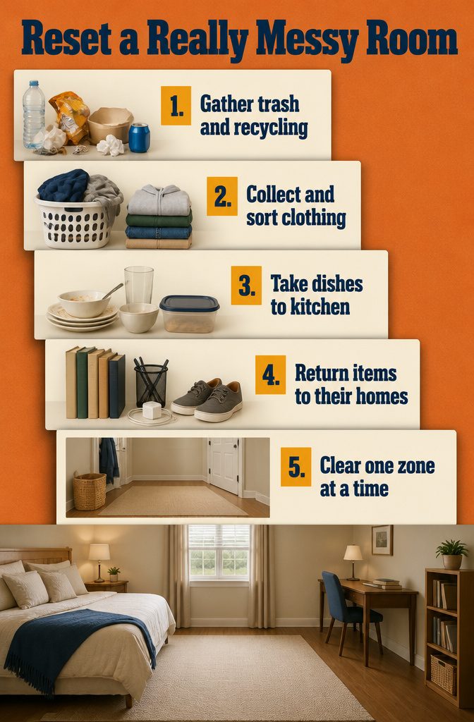 How to Keep a Room Clean: 10 Methods That Work 13 Bedroom reset graphic listing steps for sorting trash clothing and dishes