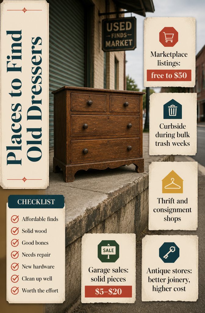 10 Ways to Repurpose Old Dressers for Your Home 13 Old wooden dresser offered for sale at a local yard sale