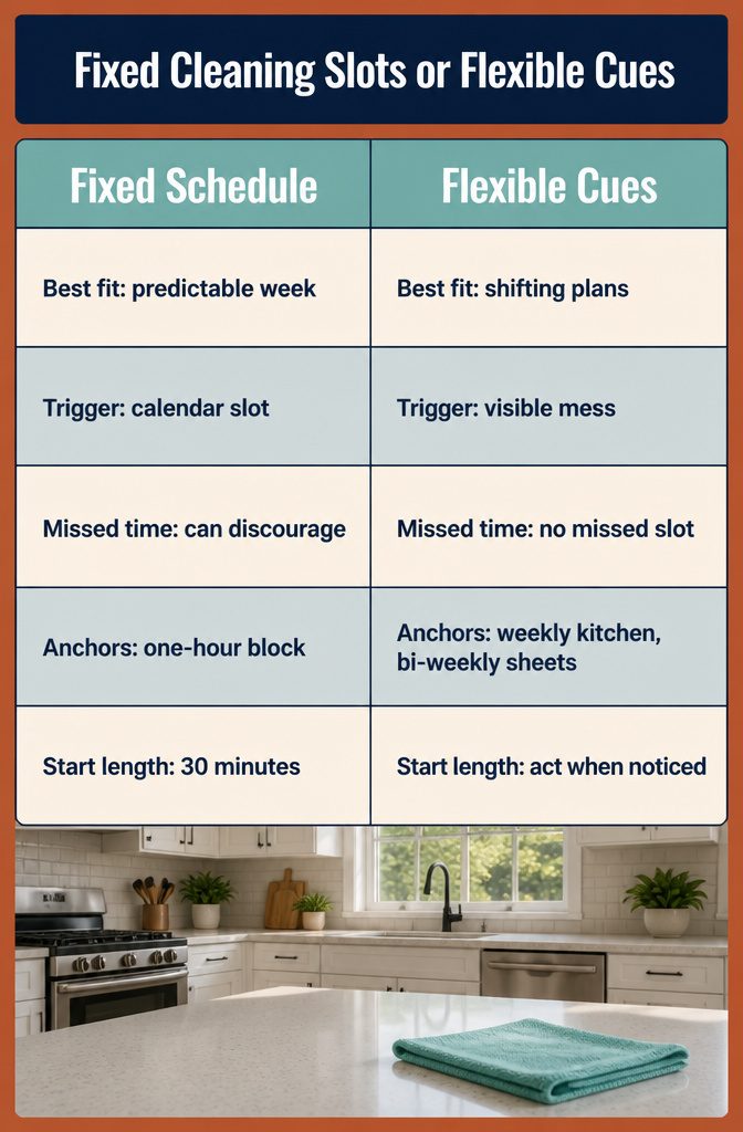 How to Be Motivated to Clean Your Room: 19 Methods 22 Cleaning infographic comparing a fixed weekly slot with flexible cleaning cues