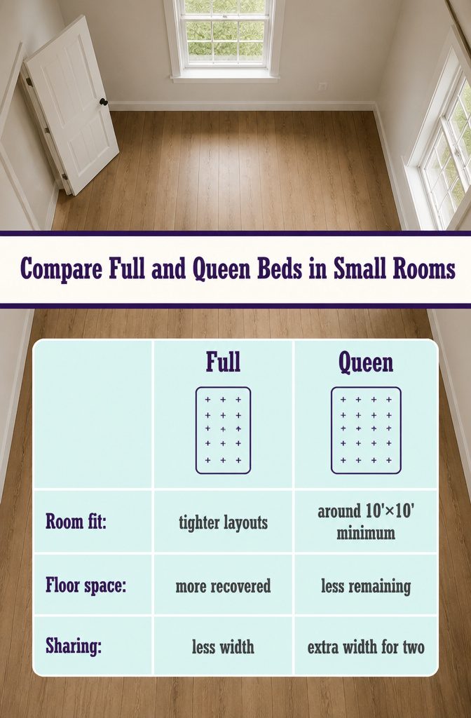 Full and queen beds shown in small bedroom layouts
