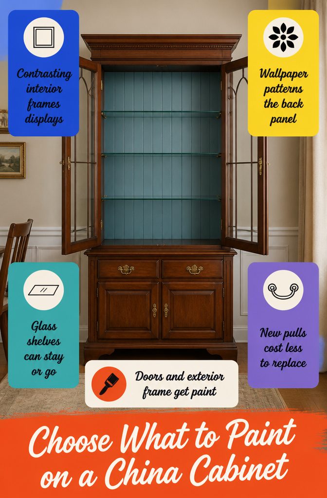 How to Paint a China Cabinet: 7 Steps to a Fresh Finish 11 Guide graphic marking painted and unpainted china cabinet parts