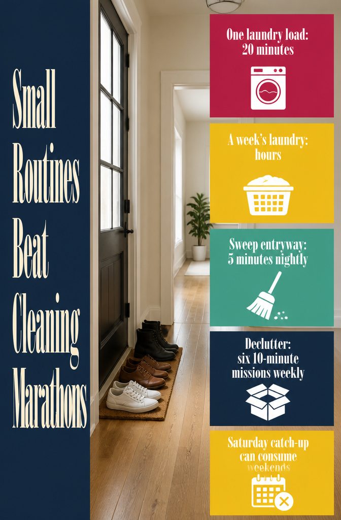 Home-cleaning graphic comparing small routines with cleaning marathons