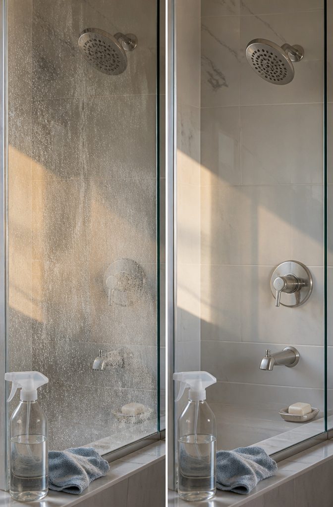 Shower glass and metal fixtures with mineral deposits and soap scum