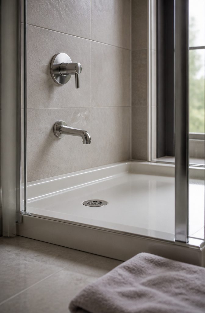 Shower handles spout and trim beside a soft microfiber cloth