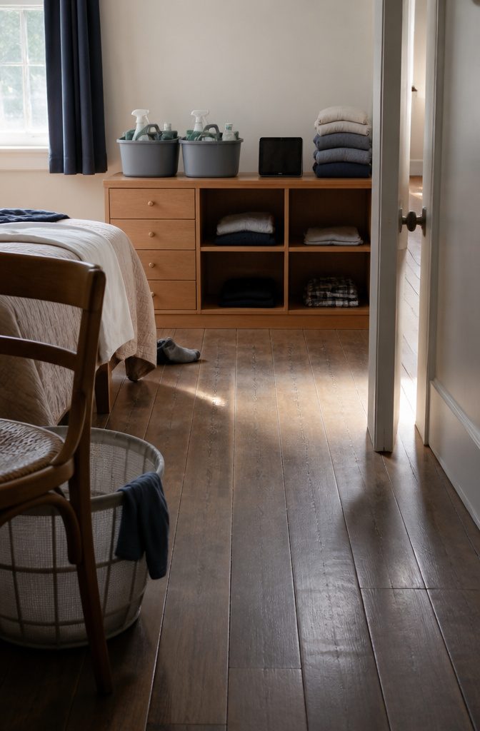 How to Be Motivated to Clean Your Room: 19 Methods 4 Two open cleaning caddies beside a dark tablet folded linens and a bedroom dresser